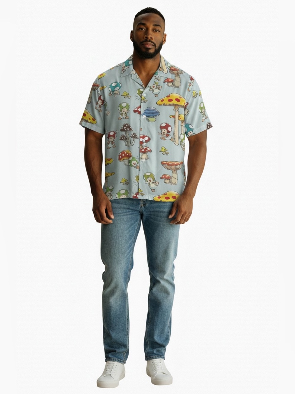 Super Mario Light Blue Men’s Mushroom-Print Short Sleeve Button-Down Shirt L